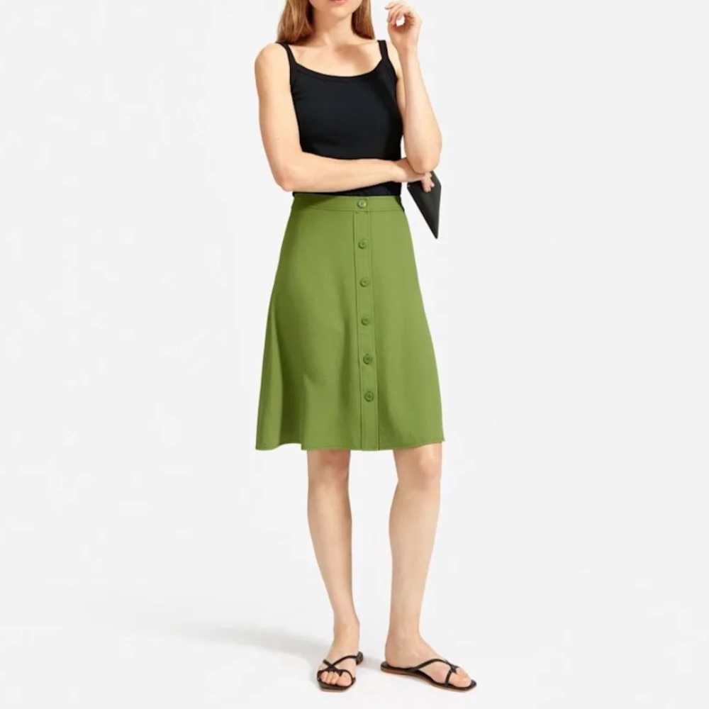 Everlane Japanese GoWeave Midi Green Button Swing Skirt Size 12 EUC